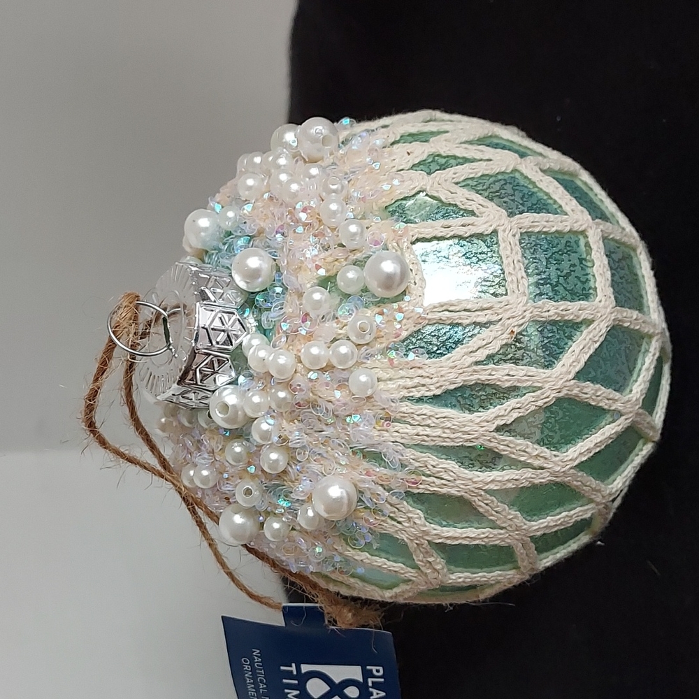 NWT Lg  Sea Glass Ornament Round Pearlescent w Beads